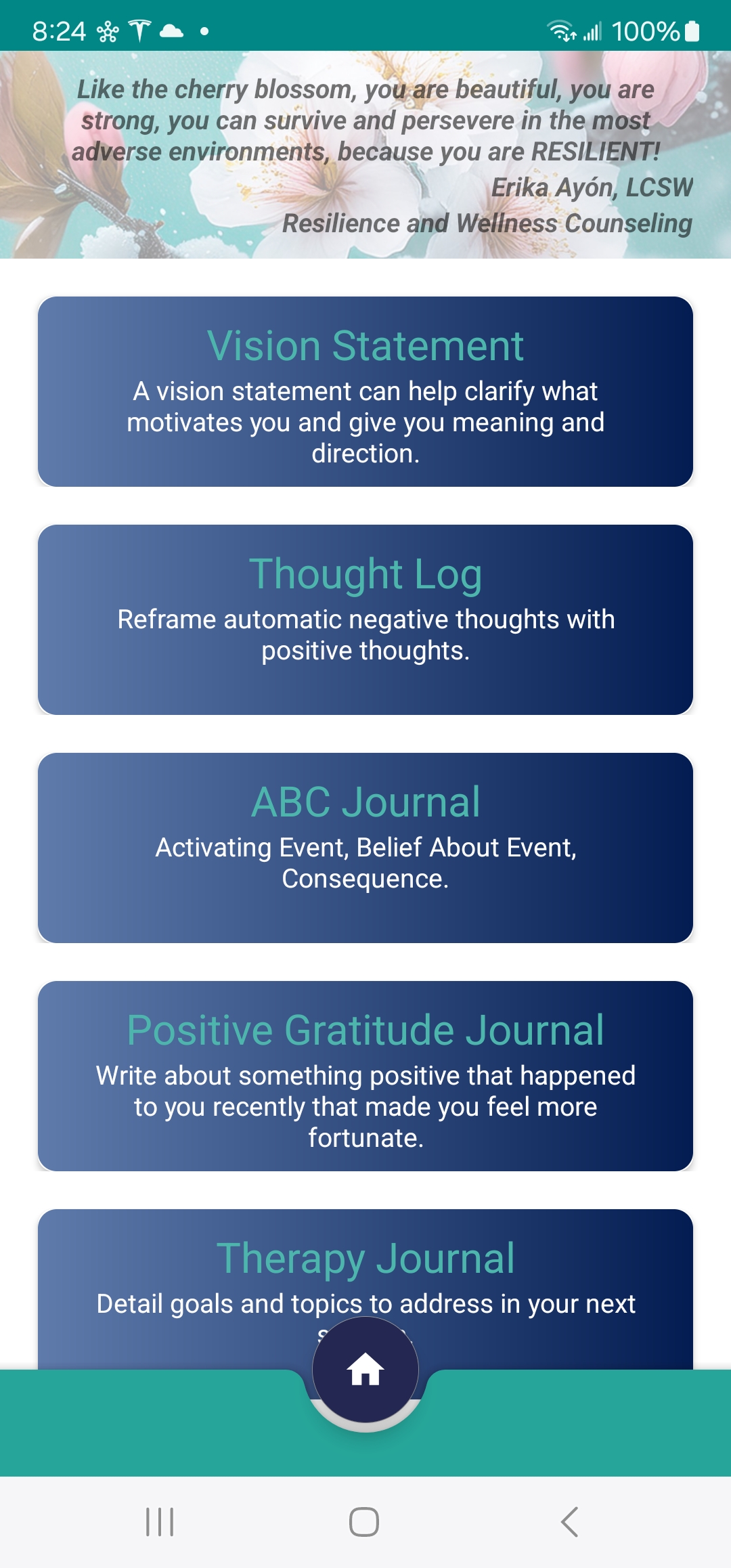 Screenshot of thought tracking feature
